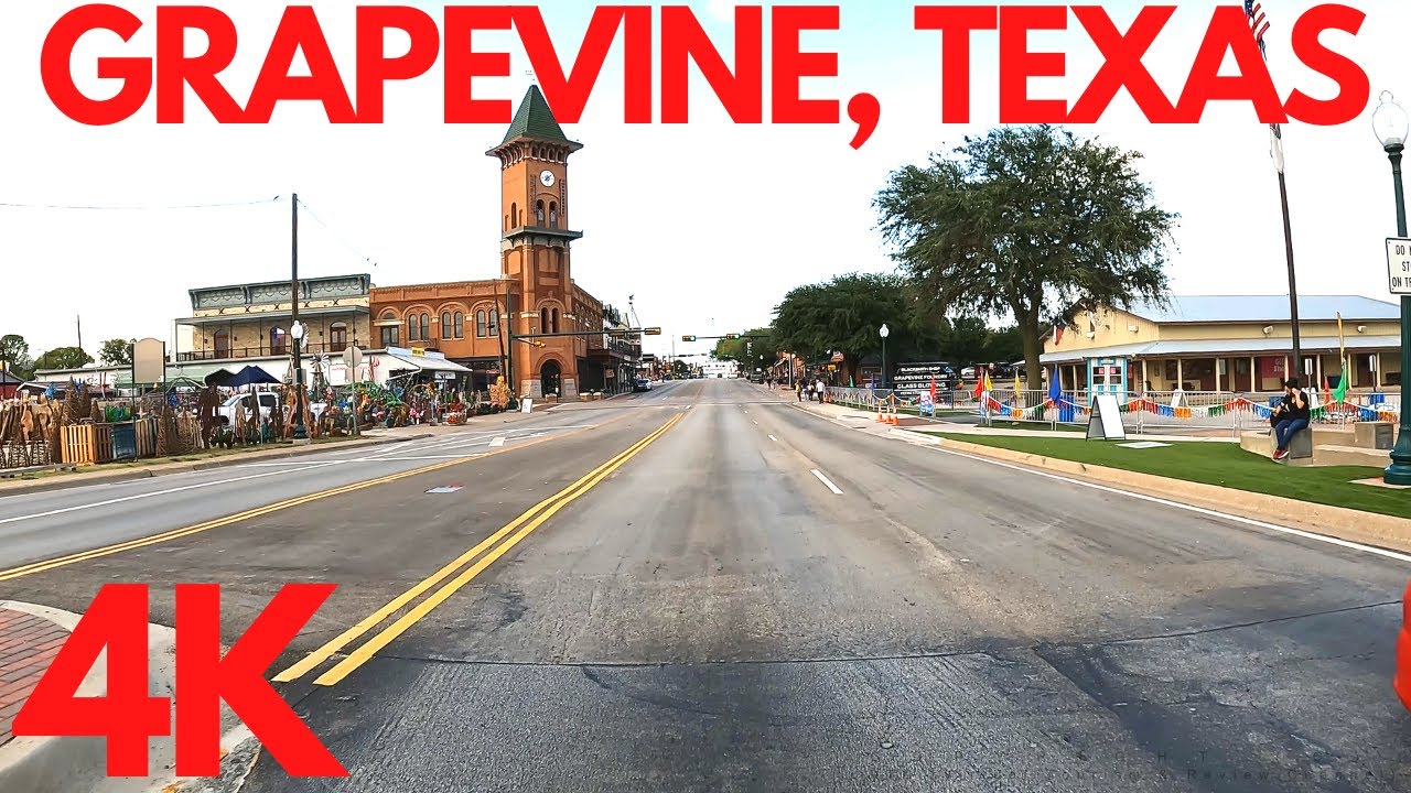 [4K] Grapevine, Texas - Historic District / Downtown, Grapevine lake & Gay lord Texan - Sunset Drive