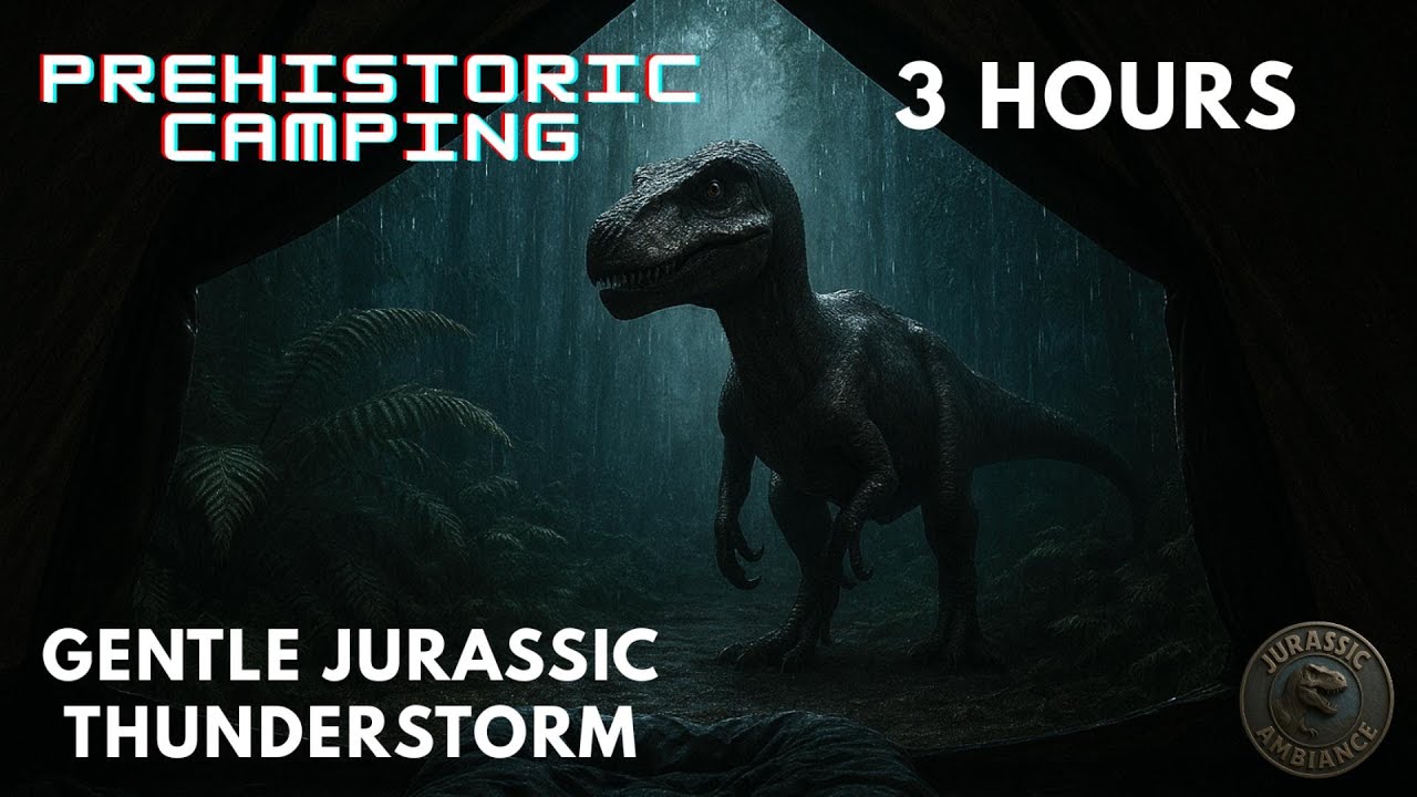 Lost in Prehistoric Jungle Rain on Tent Dinosaur Sounds Cozy Storm ASMR