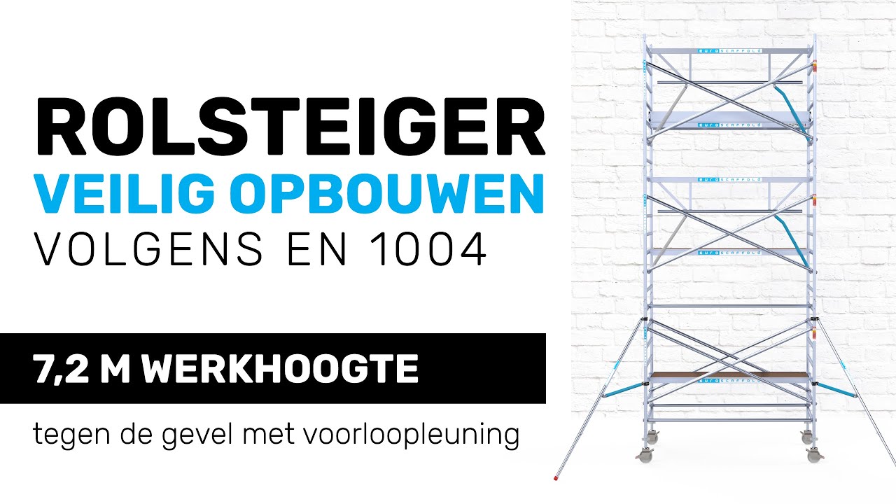 Rolsteiger opbouwen tegen de gevel met voorloopleuningen volgens EN1004