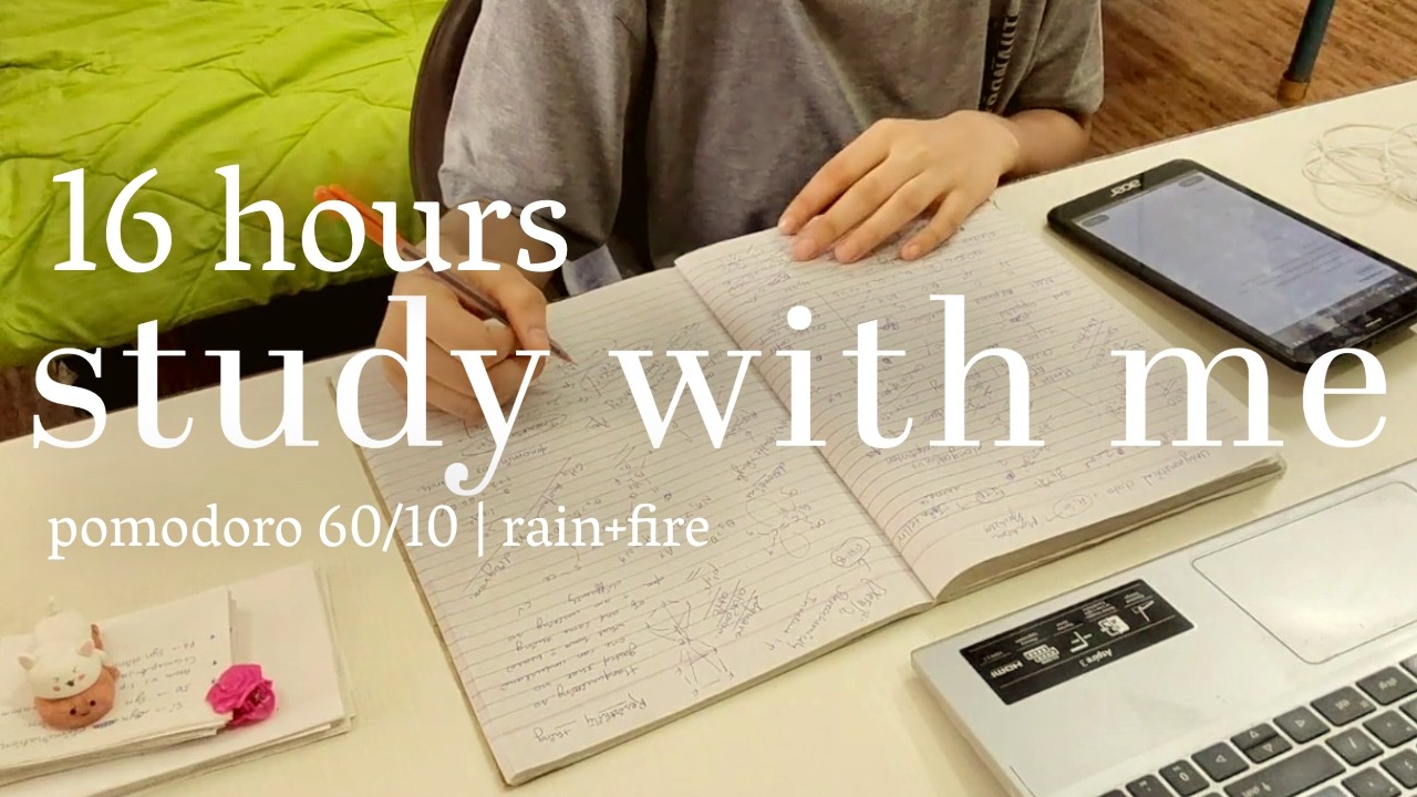LIVE | 16 Hours study with me | rain sound, cozy fireplace, pomodoro 60/10