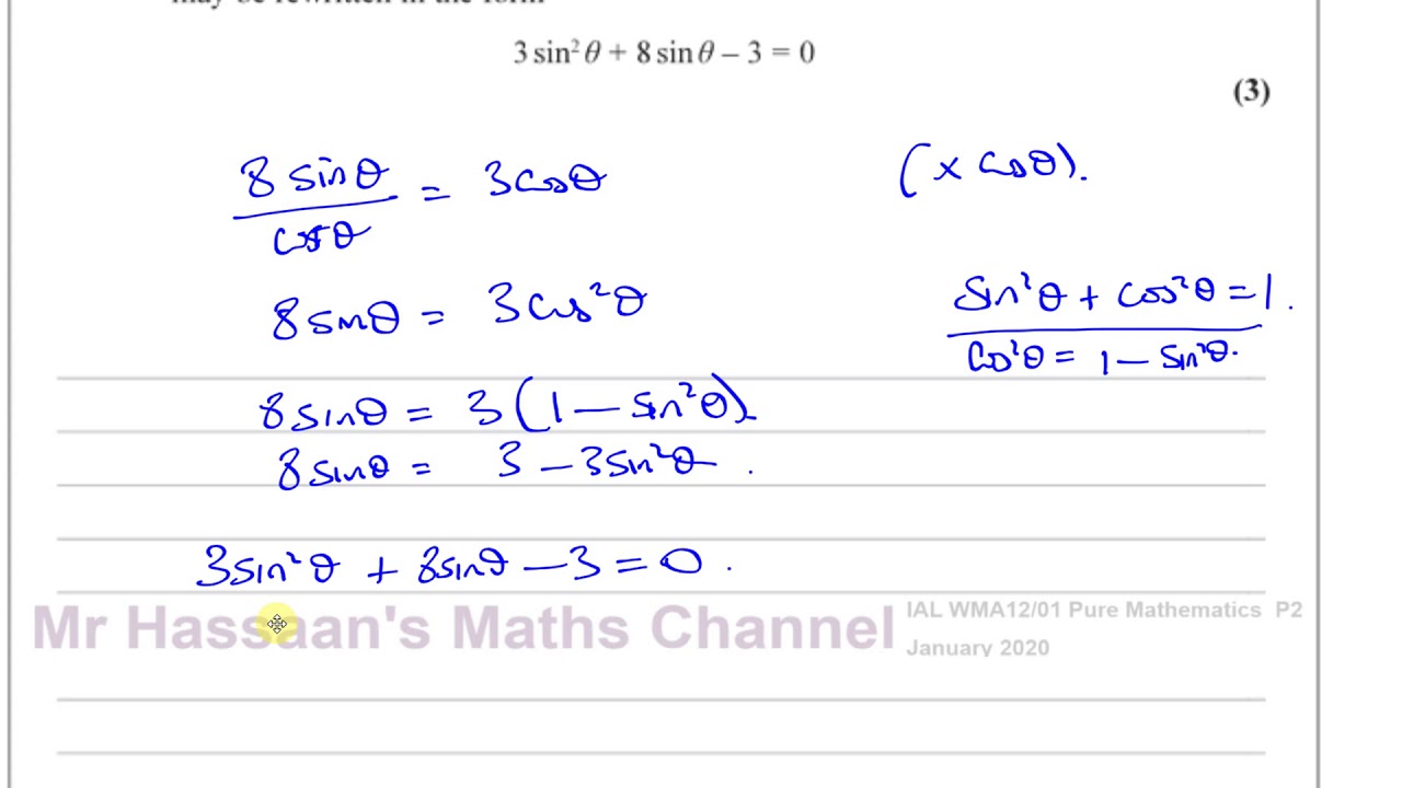 WMA12/01 Edexcel IAL P2 JAN 2020 Q7 Trig Identities & Equations