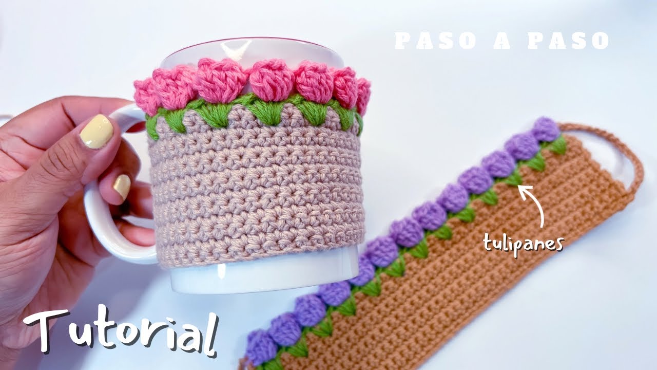 🌷Funda Cubre taza de Tulipan tejida a CROCHET- Paso a paso- Tutorial completo ☕️