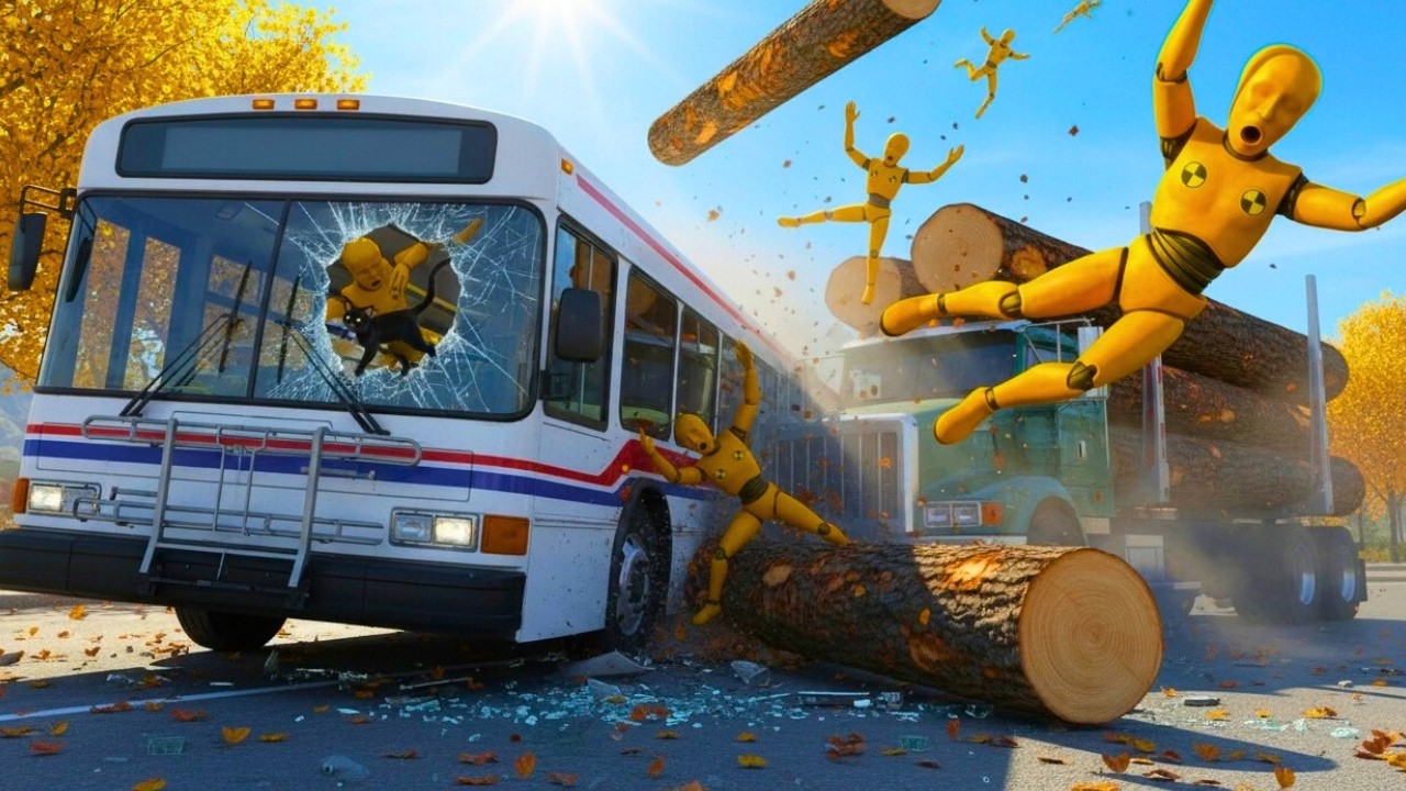 No Warning! Truck Drops Logs – Bus Crash 😨 BeamNG.Drive