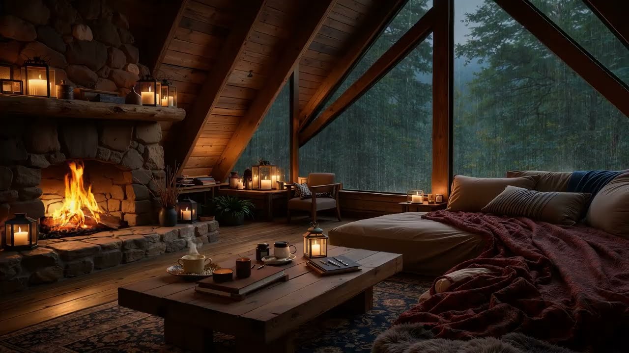 Cozy Rain Cabin Ambience | Warm Acoustic Guitar for Relaxation & Chill Vibes