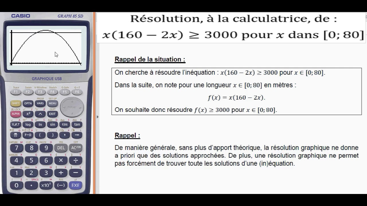 Calculatrice : Résolution graphique d'une inéquation (exemple)