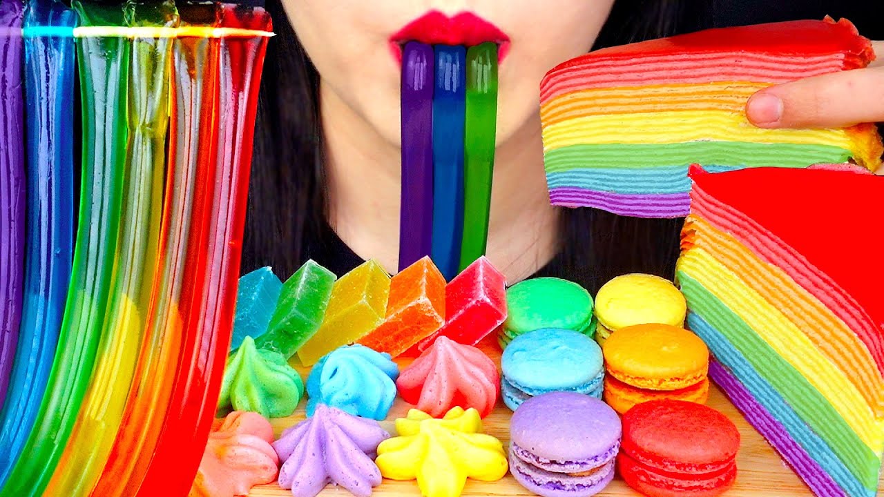ASMR RAINBOW JELLY NOODLES, JEWEL CANDY, CREPE CAKE 무지개 젤리국수, 크레이프 케이크 먹방 MOST POPULAR FOOD MUKBANG