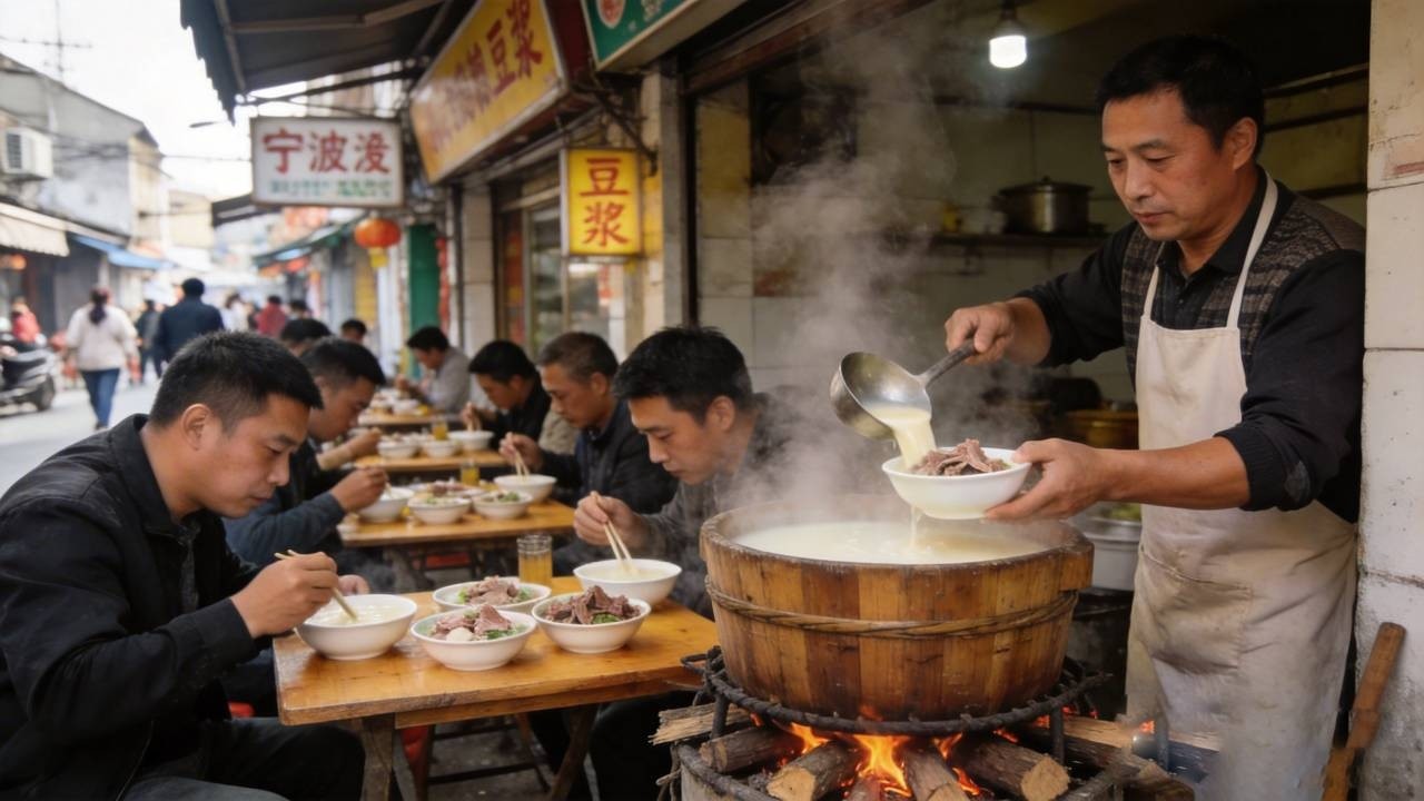 豆浆里加牛羊肉，还能加辣椒，宁波百年传承柴火木桶煮豆浆.【舟小九】