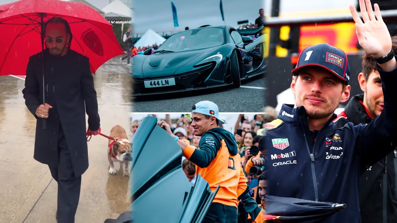 Max Verstappen Lando Norris & more F1 Drivers arrive in heavy rain at Silverstone on Race day | BTS