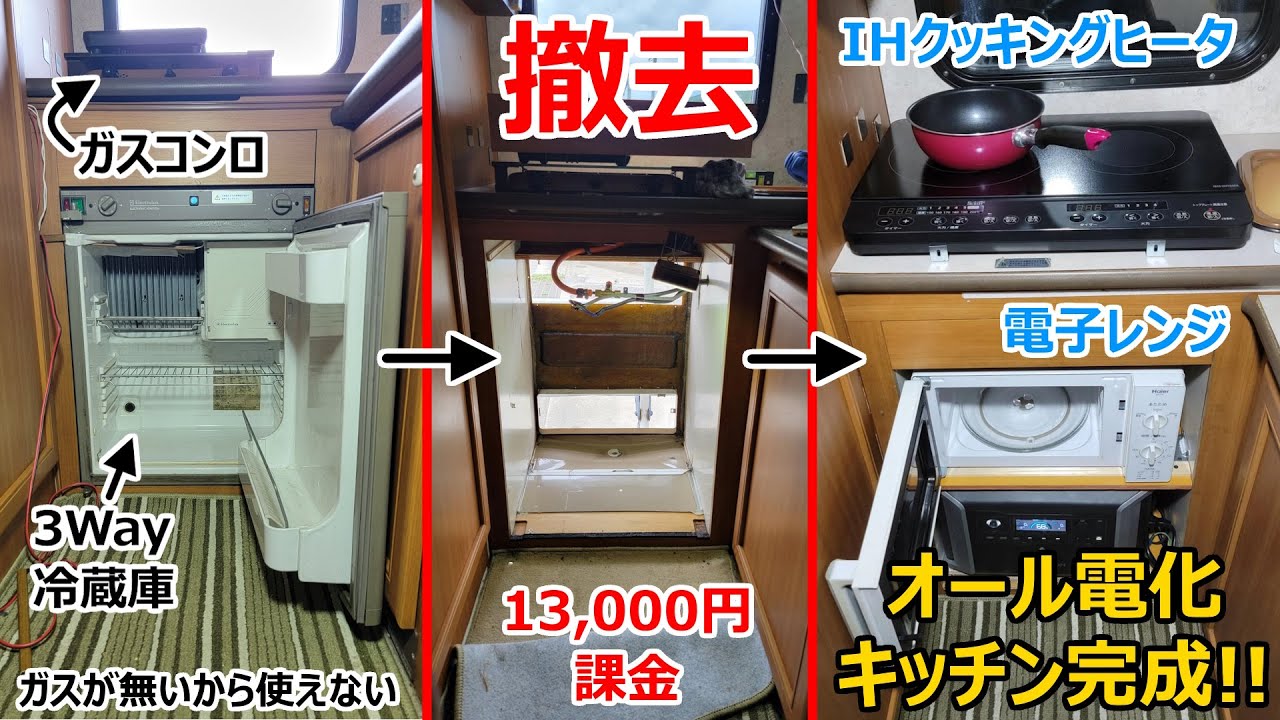 冷蔵庫とガスコンロを撤去して24年落ちのキャンピングカーに13,000円課金したらオール電化のシステムキッチンが出来た