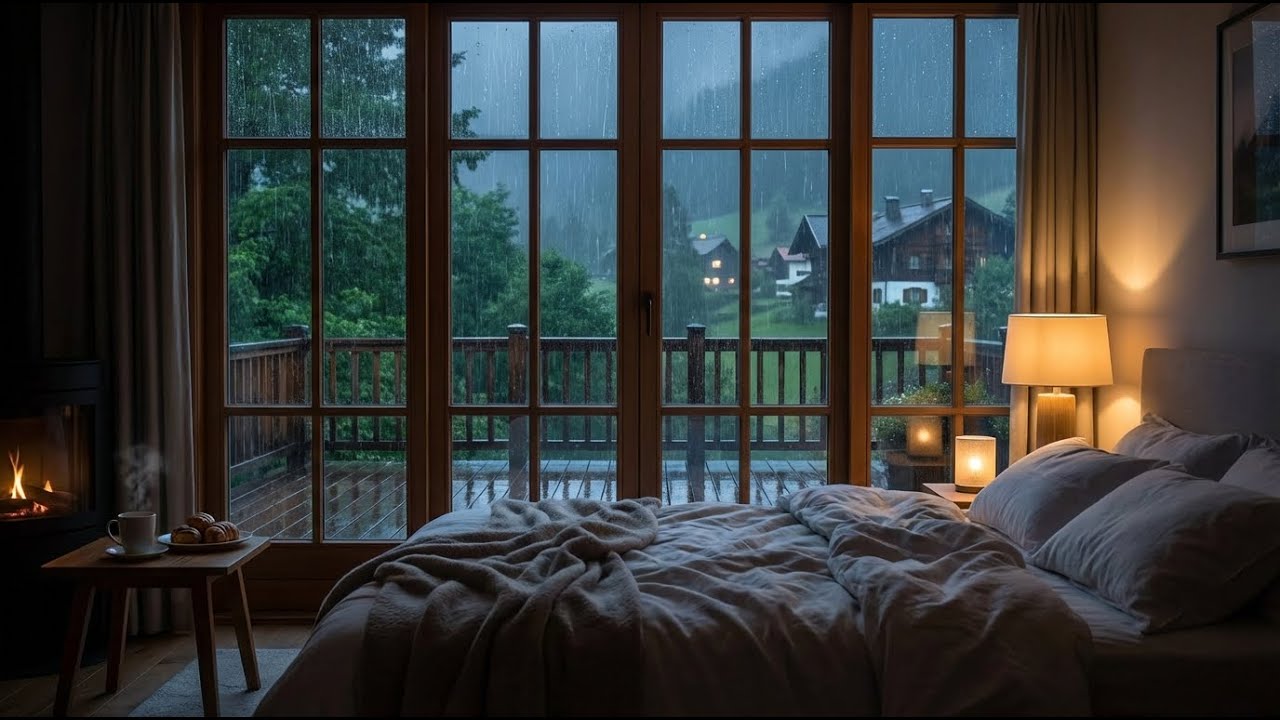 Instant Relief: Rain Sounds & Felt Piano - Warm Lamp and Rainy Village View to Sleep Fast. 💤