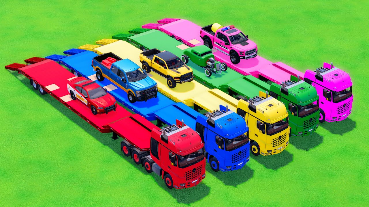 Laden und Transport von Polizeiautos, Krankenwagen und Bagger mit Doppel Flachbettanhänger! FS25