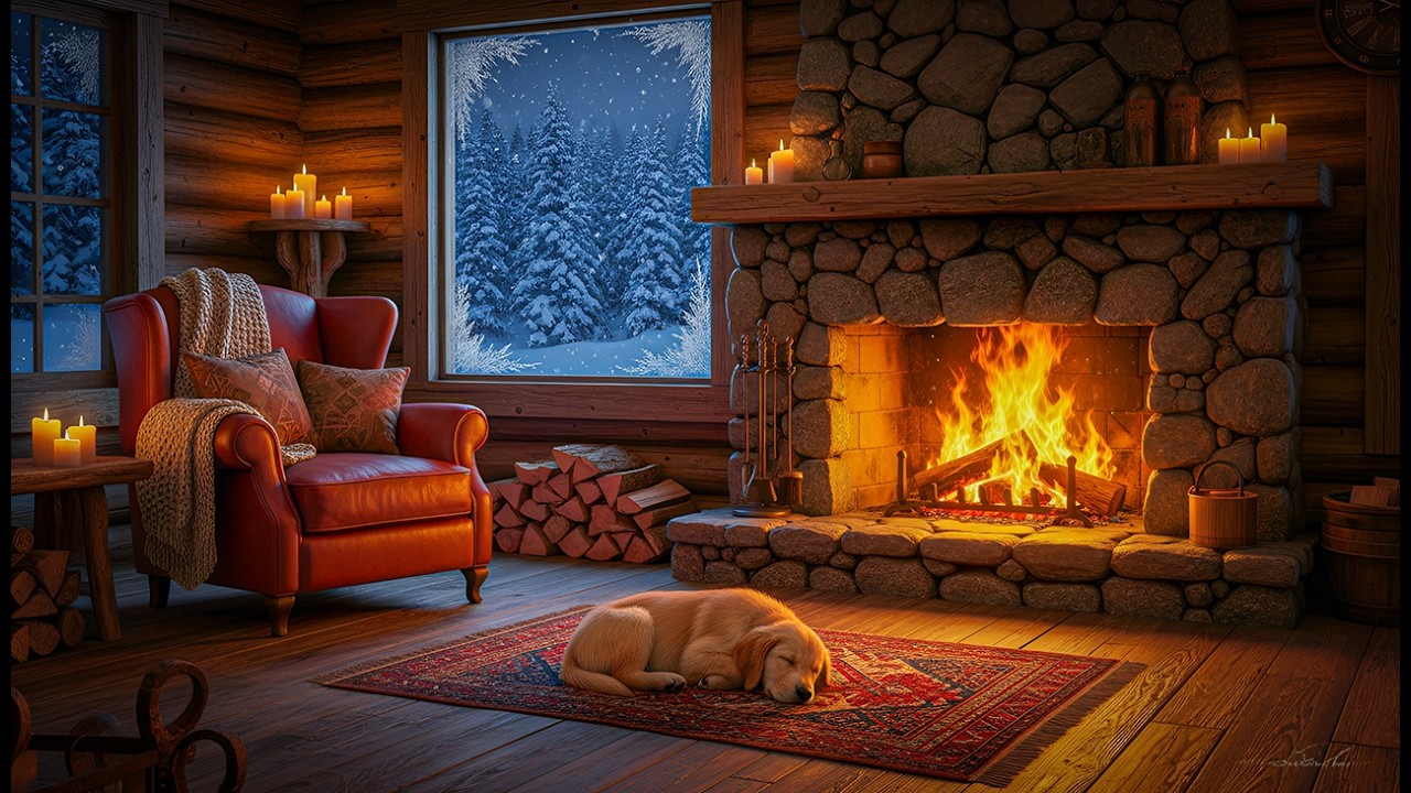 Cozy Cabin Night Ambience 🔥 Relaxing Smooth Jazz, Sleeping Dog & Fireplace Warmth for Focus & Calm