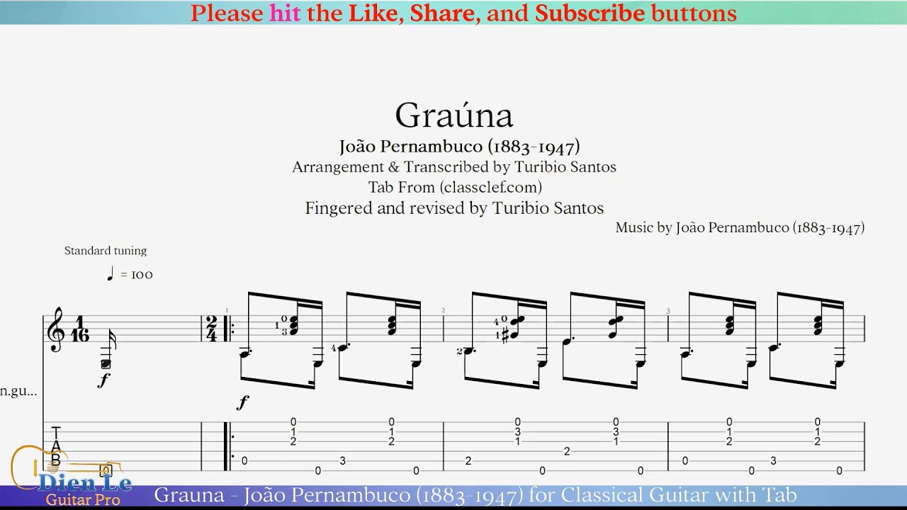 Grauna - João Pernambuco (1883-1947) for Classical Guitar with Tab