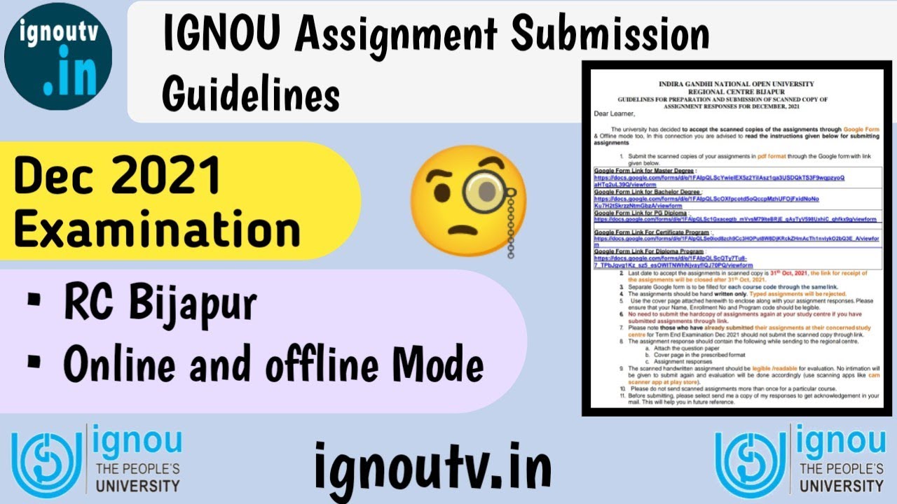 IGNOU RC Bijapur Assignment Submission Guidelines for Dec 2021 exams || Online & Offline mode ||