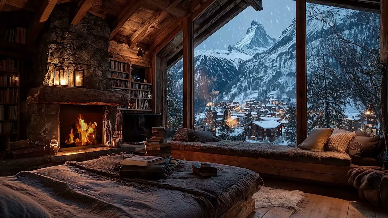 Cozy Cabin by the Fire with Snow Outside for Restful Sleep, Focus, Relaxation and Calm Mind