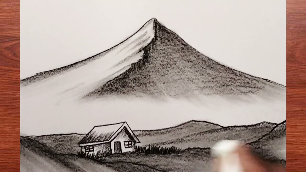 Tutorial menggambar pemandangan Gunung dengan pensil untuk pemula.