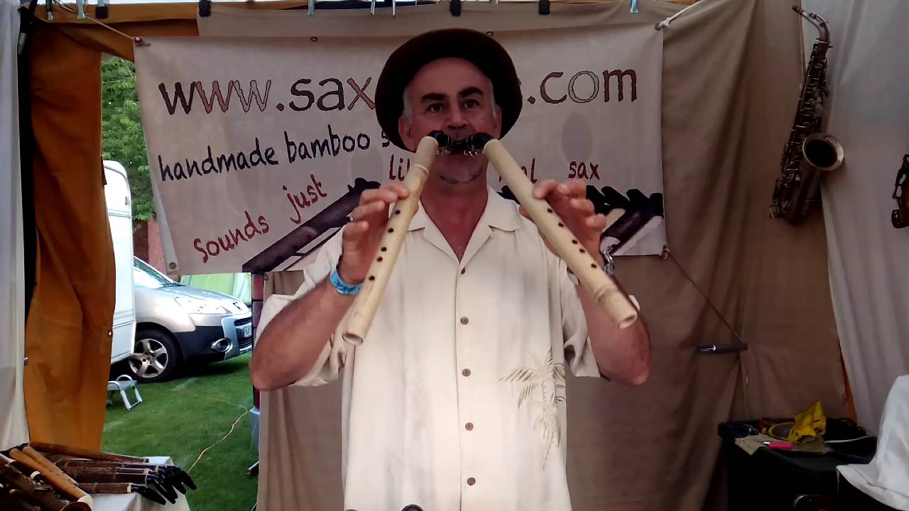 Saxaflute, Hand made bamboo sax.  Playing two Saxaflutes at once.