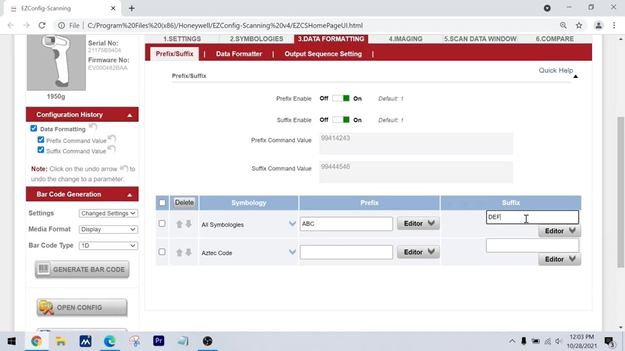 Setting prefix and suffix for Honeywell-Xenon 1950g using 'EZConfig'
