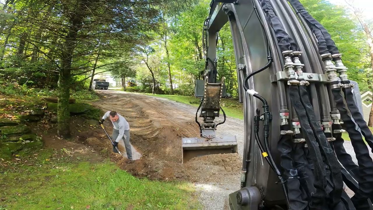 Installing New Ditch & Culvert On Top Of Main Power Feed w/ Volvo EC60E & Rockland Tilt Bucket