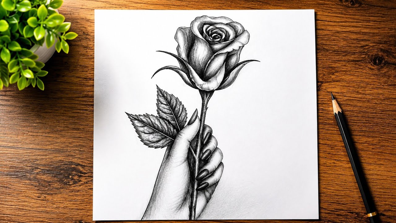Beautiful Rose Pencil Sketch | Hand Holding Rose Drawing | Realistic Flower art