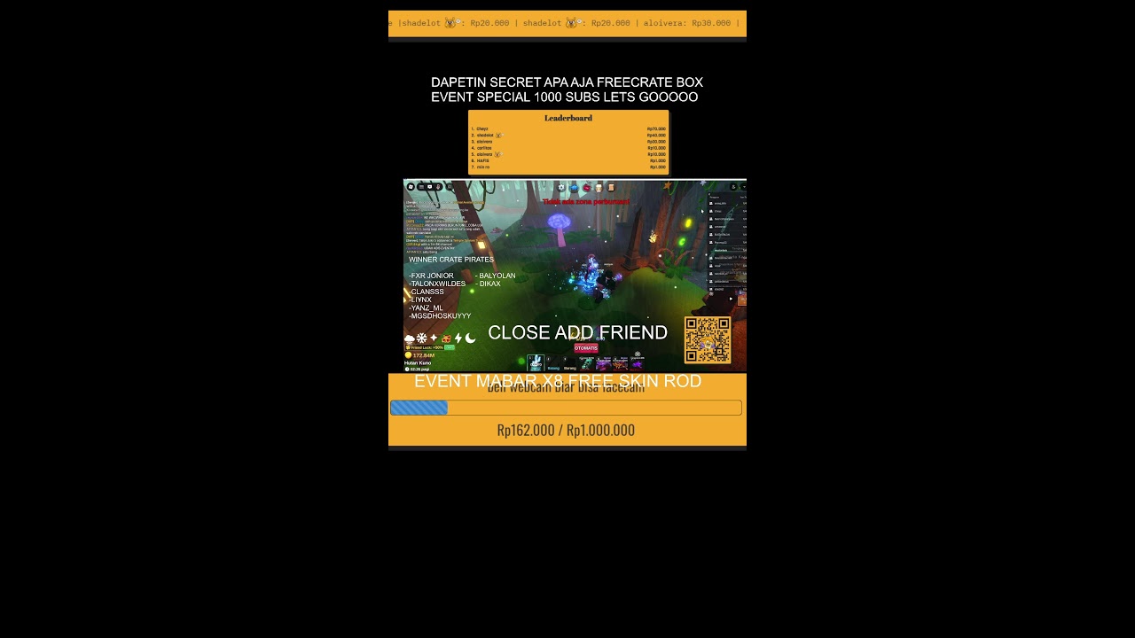 LIVE MABAR SERVERLUCK X8 GRATIS SKIN ROD SPECIAL 1000 SUBS !!  #fishit #shorts #liveshorts
