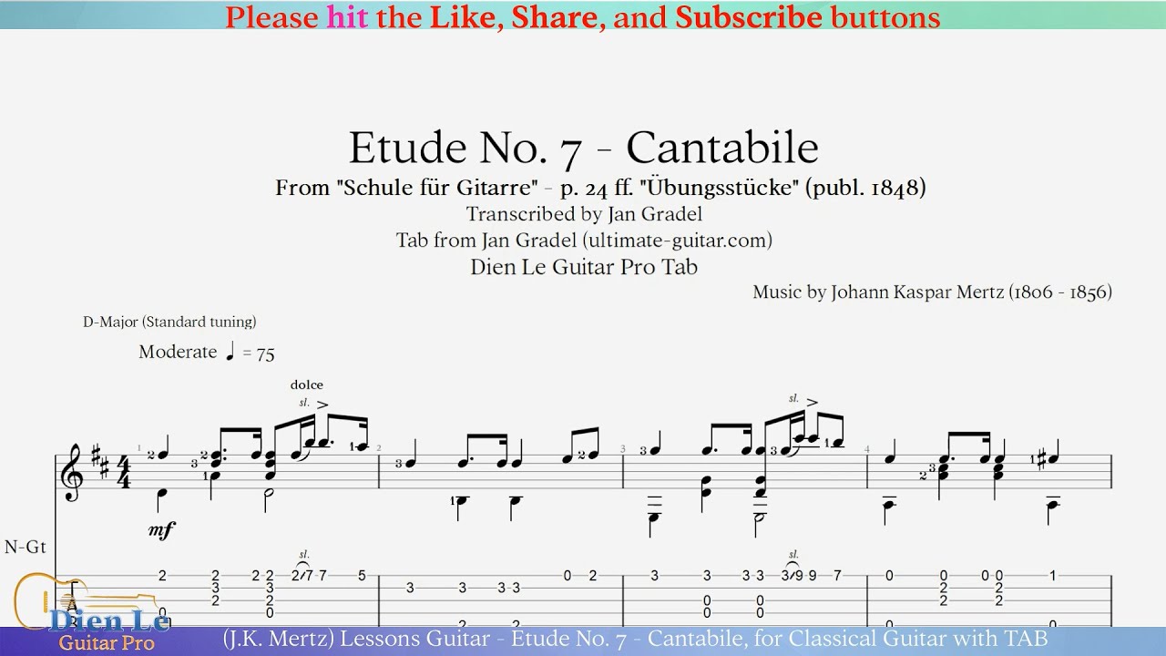(J.K. Mertz) Lessons Guitar - Etude No. 7 - Cantabile, for Classical Guitar with TAB