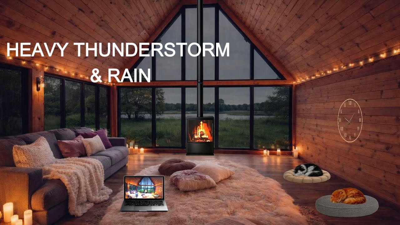 🔴LIVE | Powerful | Thunderstorm Outside, Cozy Fire Inside | Heavy Rain & Thunder Cabin Ambience