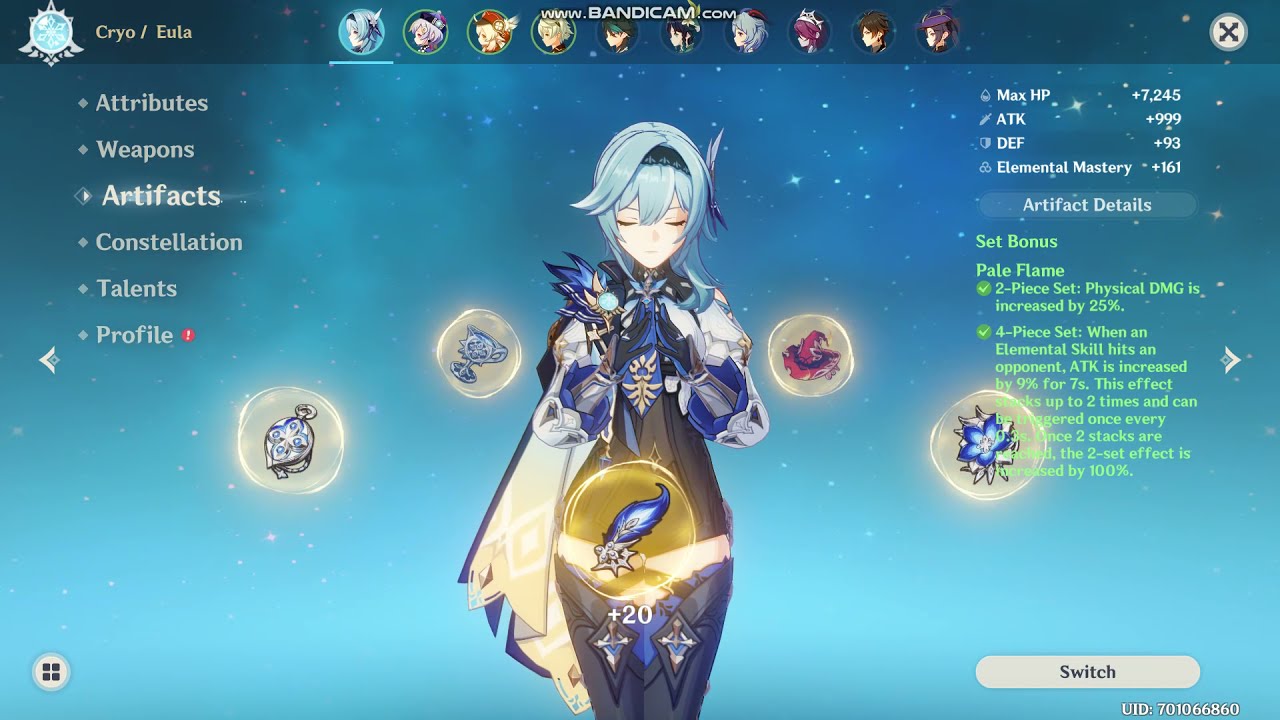 C0 Lv90 Eula physical artifacts set damage test with 20% crit rate food buff