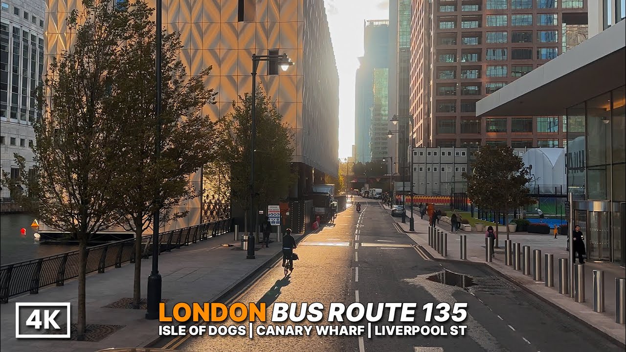 Early Morning London Bus Ride| Peaceful Ride Through Canary Wharf in 4K | Bus Route 135 | 4K HDR