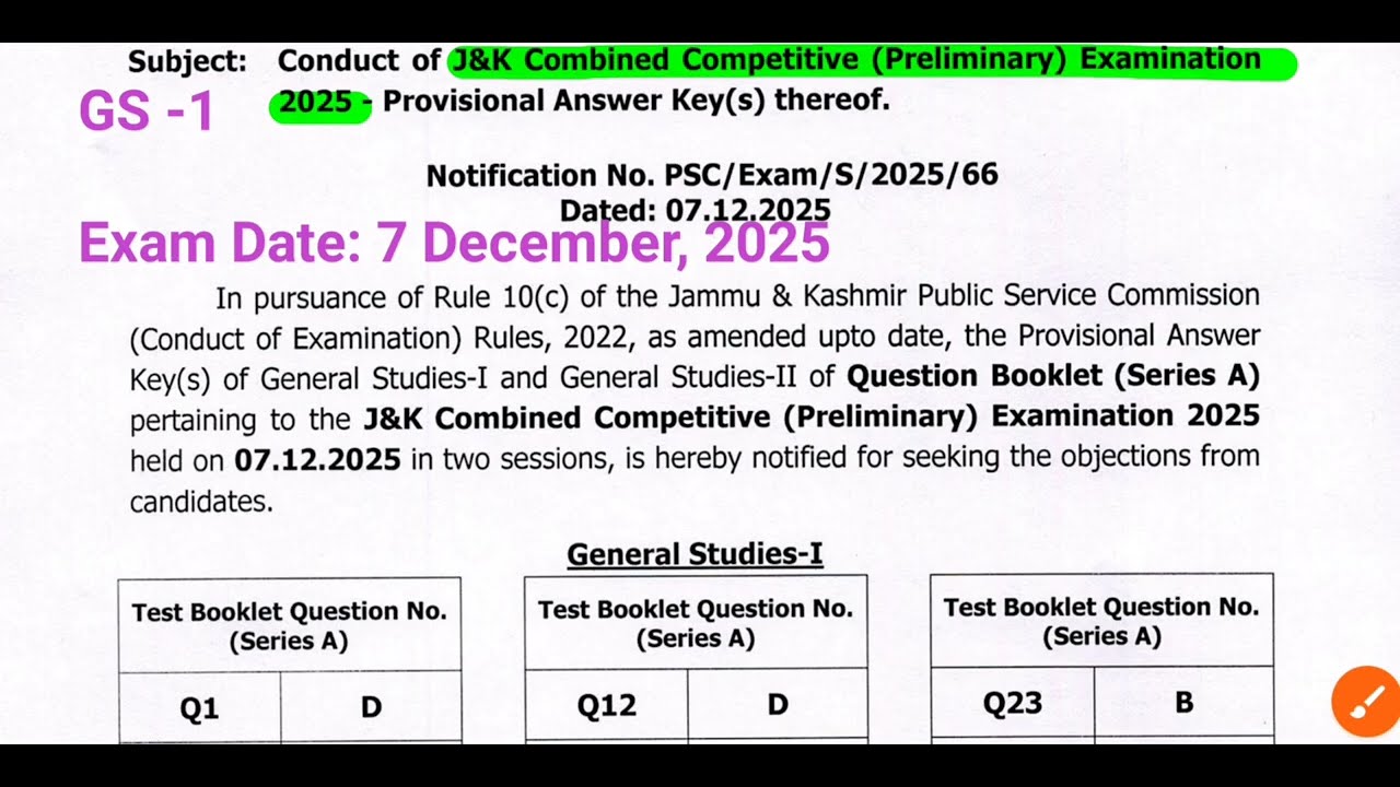 GS-1:JKPSC CSE PT 2025 । Final Official Answer Key Question Paper Analysis 