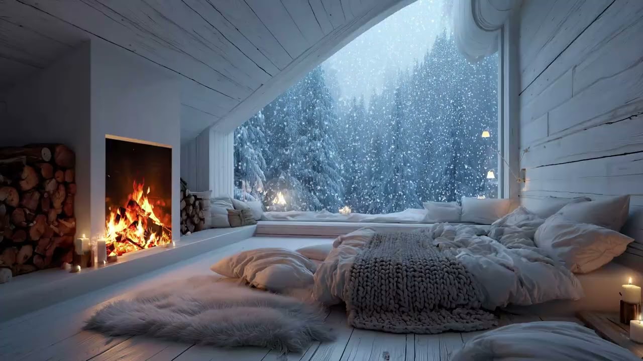 🎹 3 HOURS Peaceful Winter Piano Lounge | Snowy Landscape & Fire Inside | Focus Meditation Study Calm