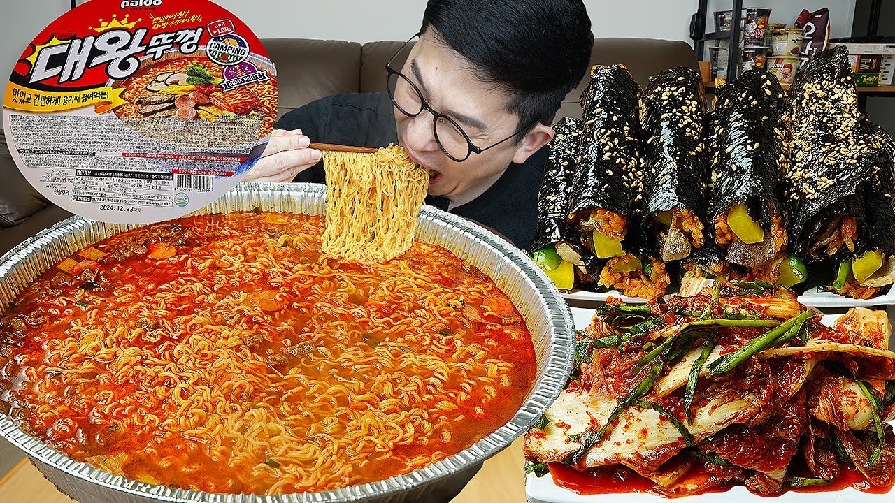 ASMR MUKBANGㅣKing Cup Spicy Noodles & Pork belly GimbapㅣEATING SHOW