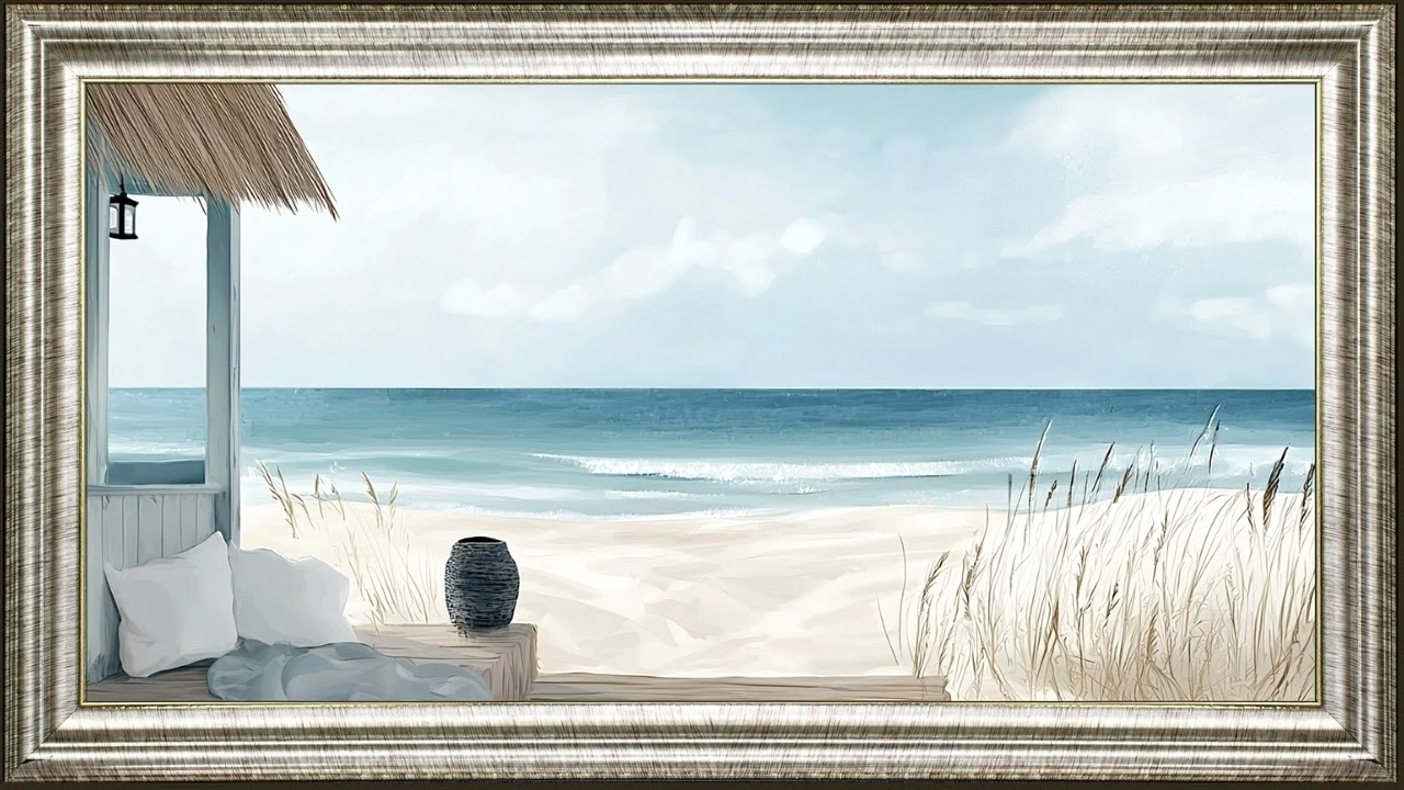 Calm Ocean ~ beach cottage minimalist oil painting ~ silver frame tv art screensaver