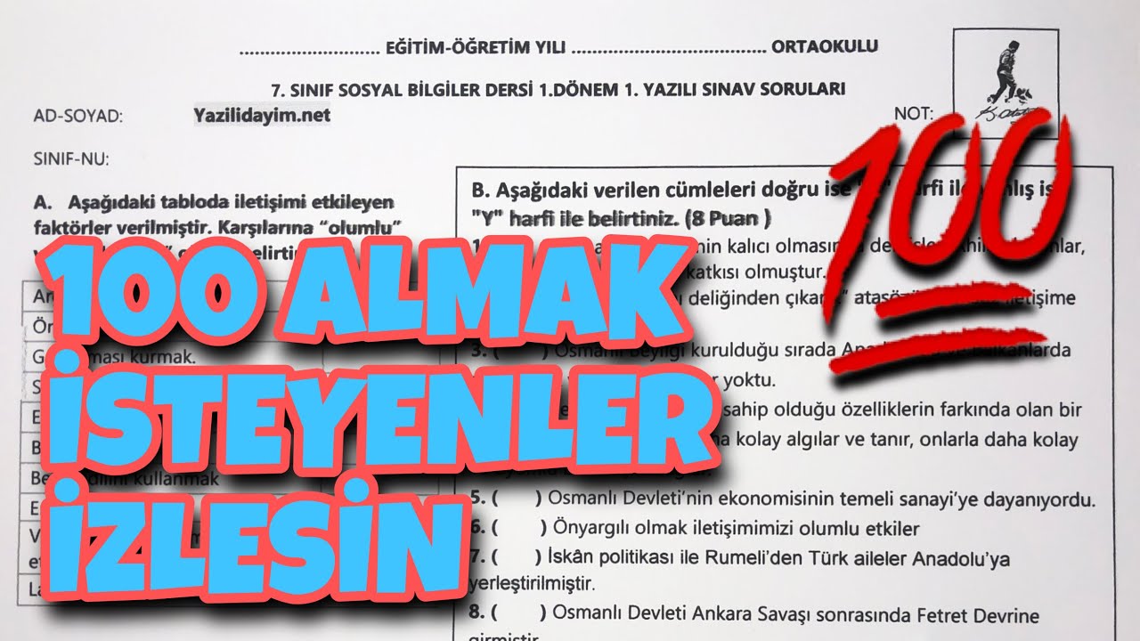7.Sınıf Sosyal Bilgiler 1.Dönem 1.Yazılı