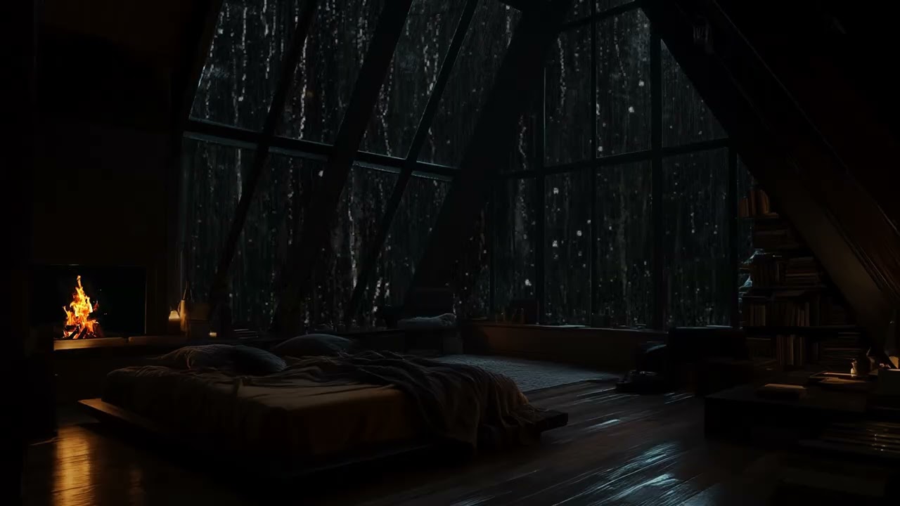 Cozy Attic Cabin with Rain and Fireplace Helps You Fall Asleep Instantly | Sleep & Calm Ambience