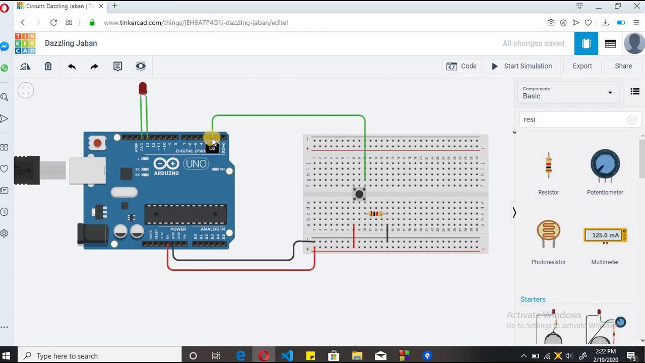 Arduino Tutorials: Control a LED with a push Button || tinkercad