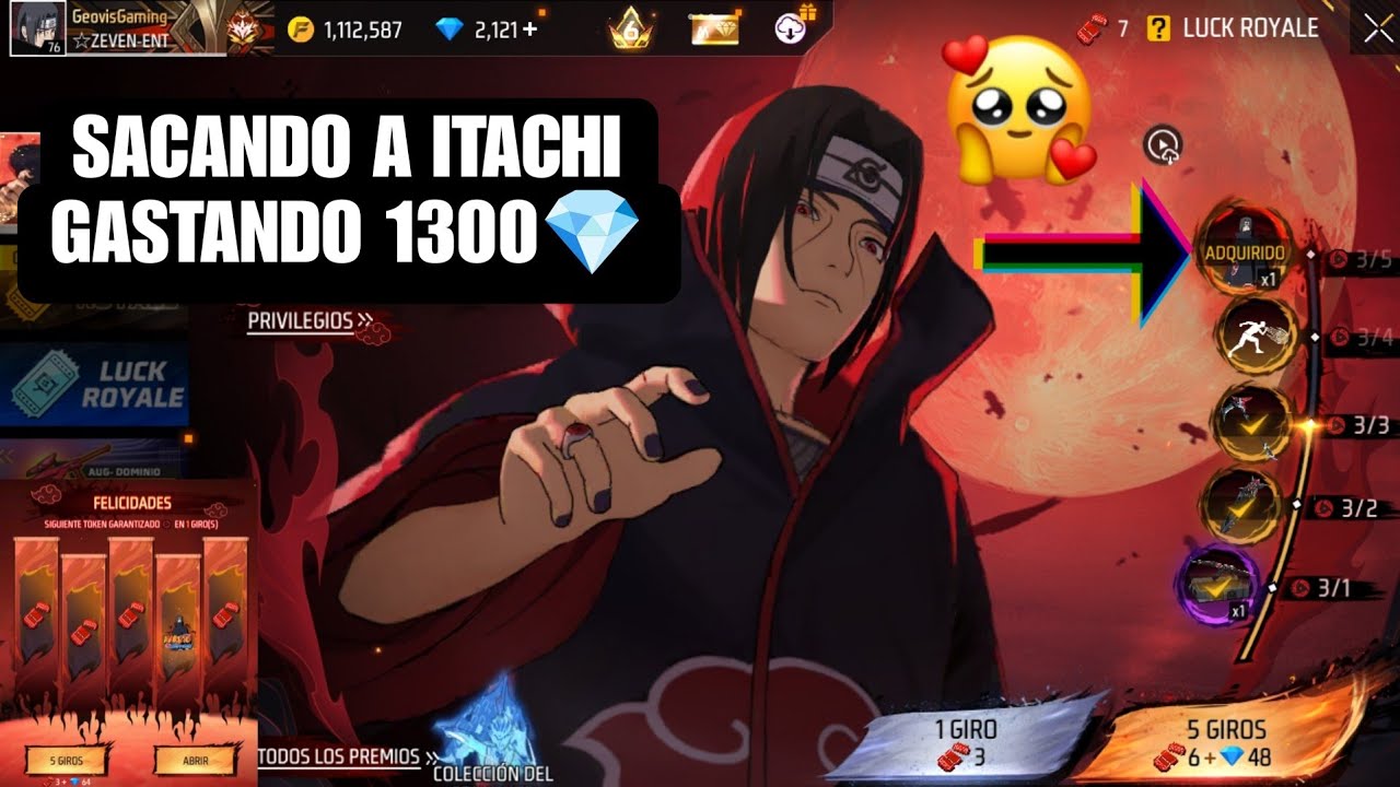 Sacando la skin de ITACHI gastando 1300 Diamantes en Tokens Free Fire x Naruto Shippuden cap 2 🥹