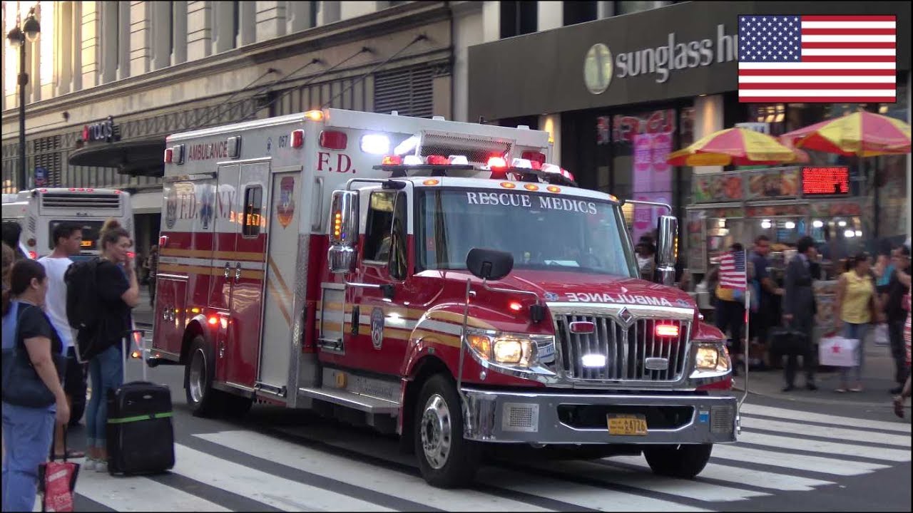 EPIC AIRHORN! - New FDNY Ambulance responding with siren and lights