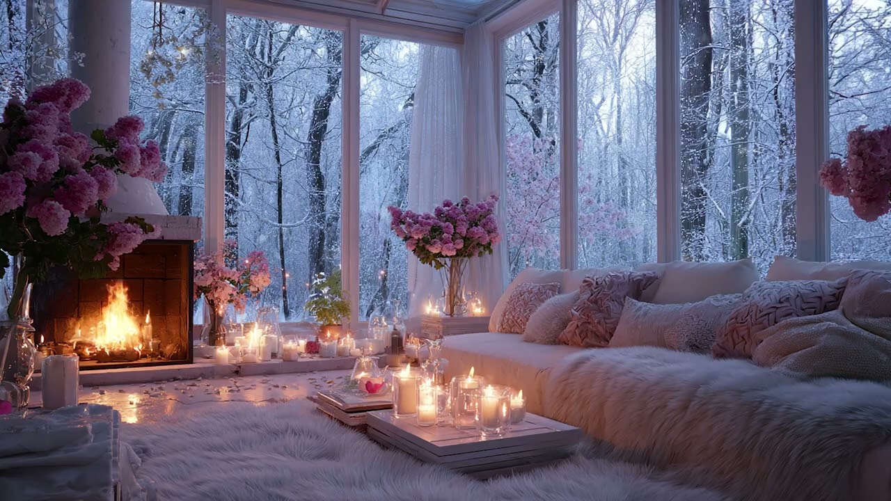 Winter Wind and Crackling Fireplace Sounds in a Bright Cozy Living Room with Snowy Forest View