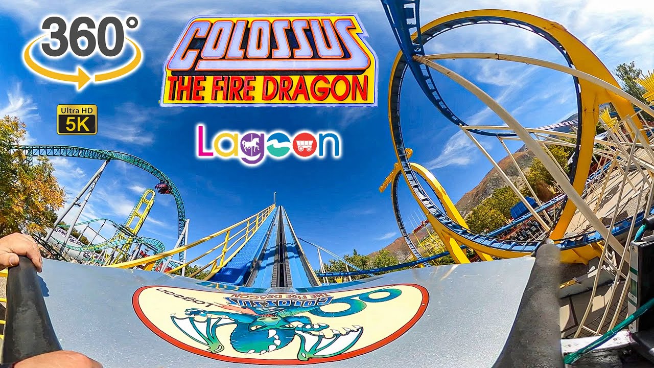 VR 360 5K Colossus the Fire Dragon Roller Coaster On Ride  Front Row POV Lagoon 2022 10 09