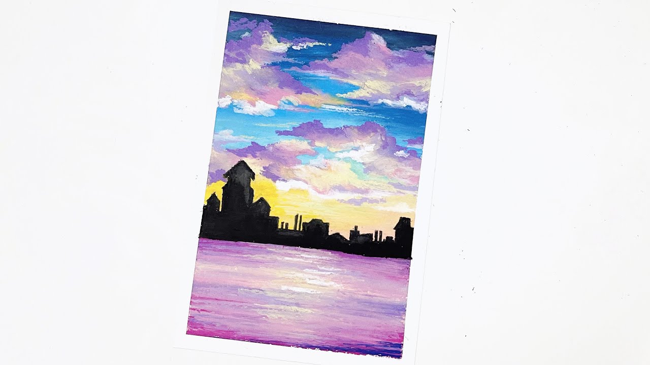 Menggambar dan mewarnai pemandangan kota sunset