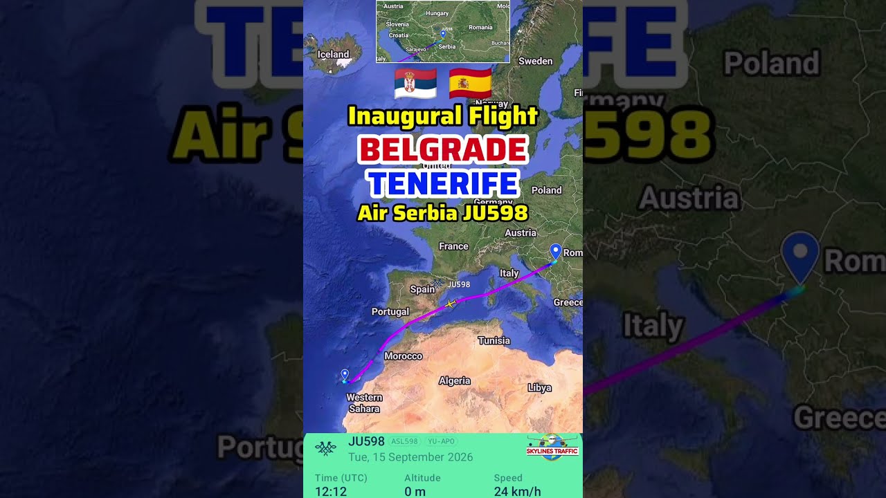 Belgrade to Tenerife Flight Route with Air Serbia JU598 