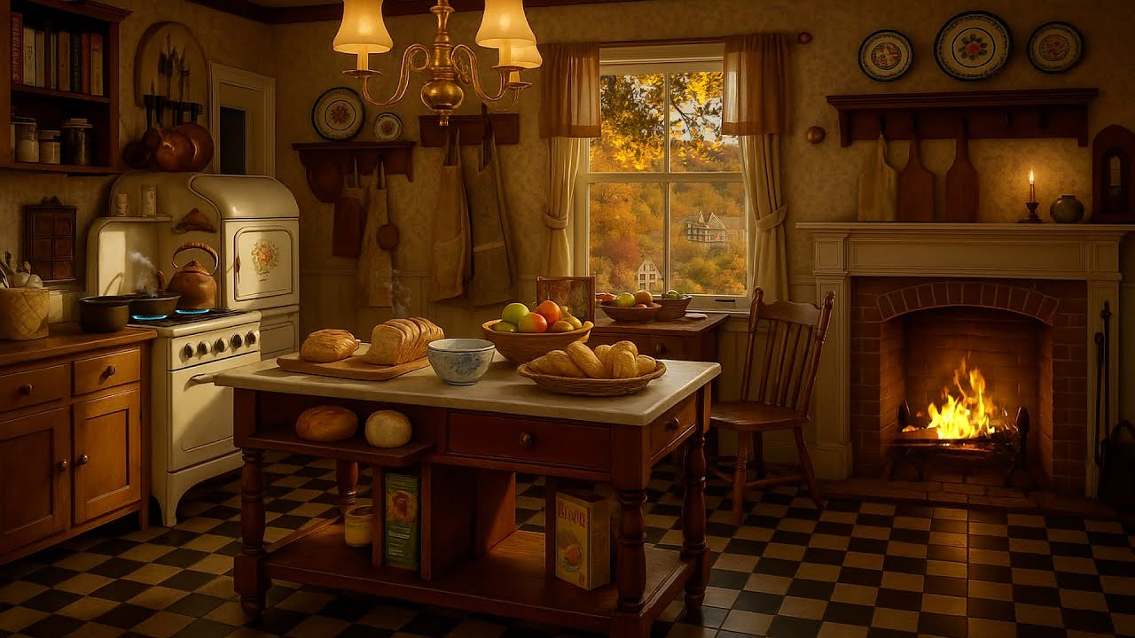 Warm & Cozy Autumn Kitchen Ambience🍂| Crackling Fireplace, Comforting Cooking & Autumn Birds Singing