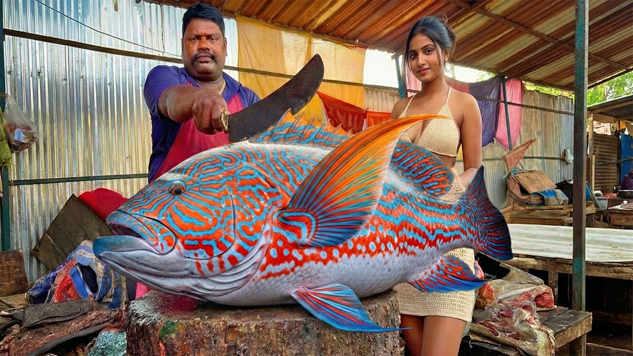 Wow! Amazing Multicolor Giant Grouper Fish Cutting Skills – Girl Helping the Master