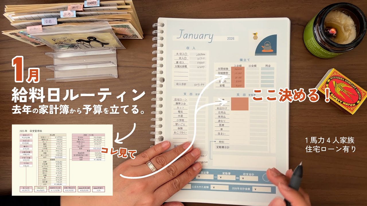 【 給料日ルーティン 】去年の家計簿から予算を立てる｜予算振り分け｜1馬力4人家族｜音声あり📢｜去年の家計簿が活きてきた👏