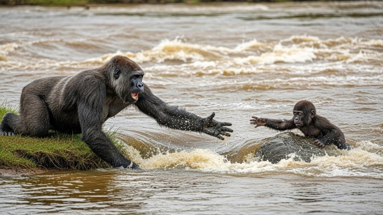 Un bebé gorila fue atrapado por un río embravecido. ¡Lo que hizo la madre después es increíble!