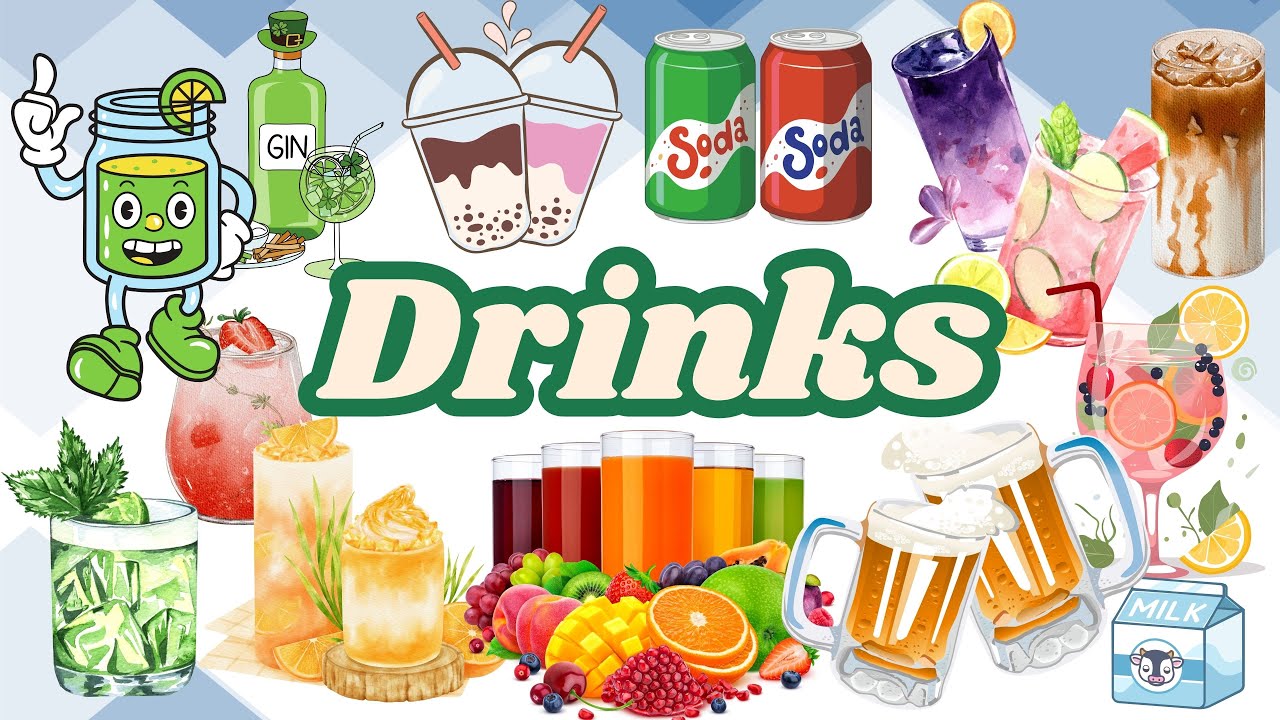 Drinks| Dạy bé các loại đồ uống| Bé học tiếng anh| Nước, sinh tố, nước ép trái cây, sữa
