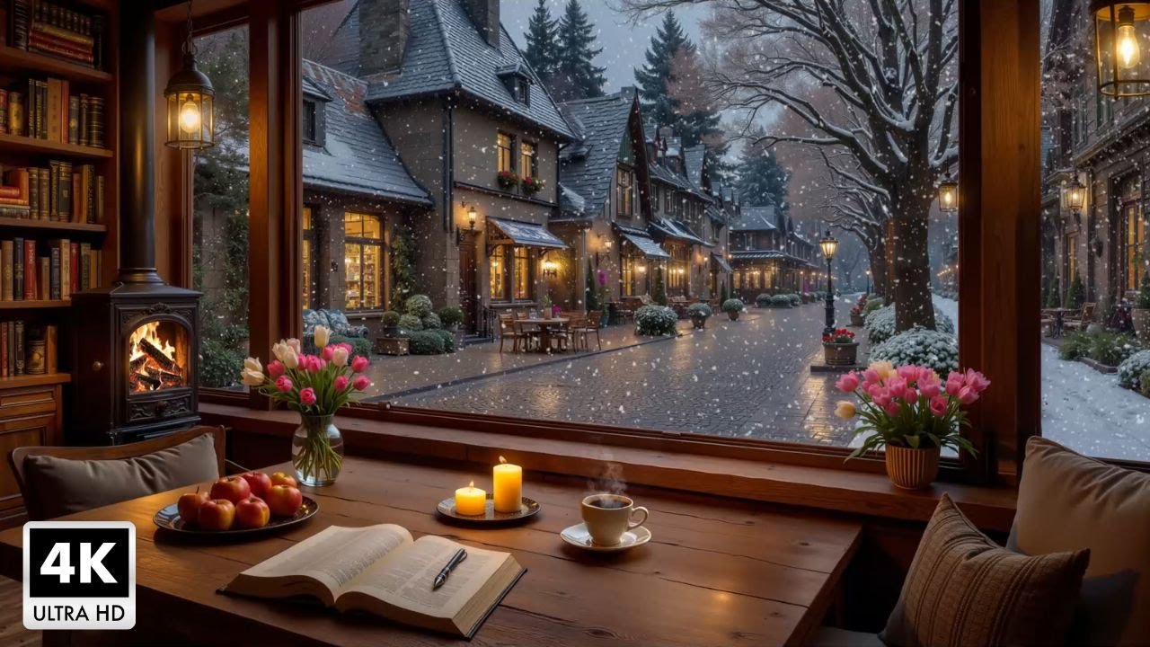 Cozy Winter Coffee Shop ~ Relaxing Smooth Jazz Music and Crackling Fireplace for Study, Work