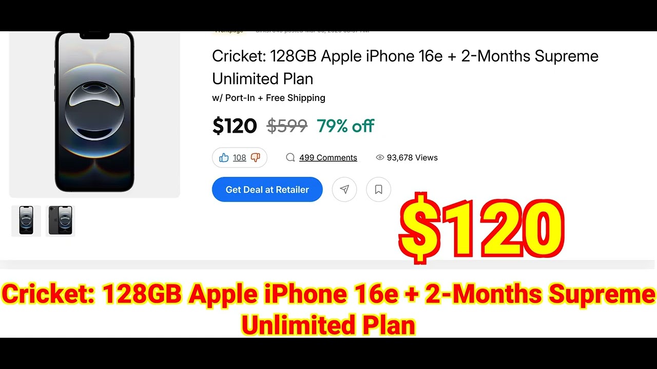2026-03-09 Cricket 128GB Apple iPhone 16e + 2-Months Supreme Unlimited Plan