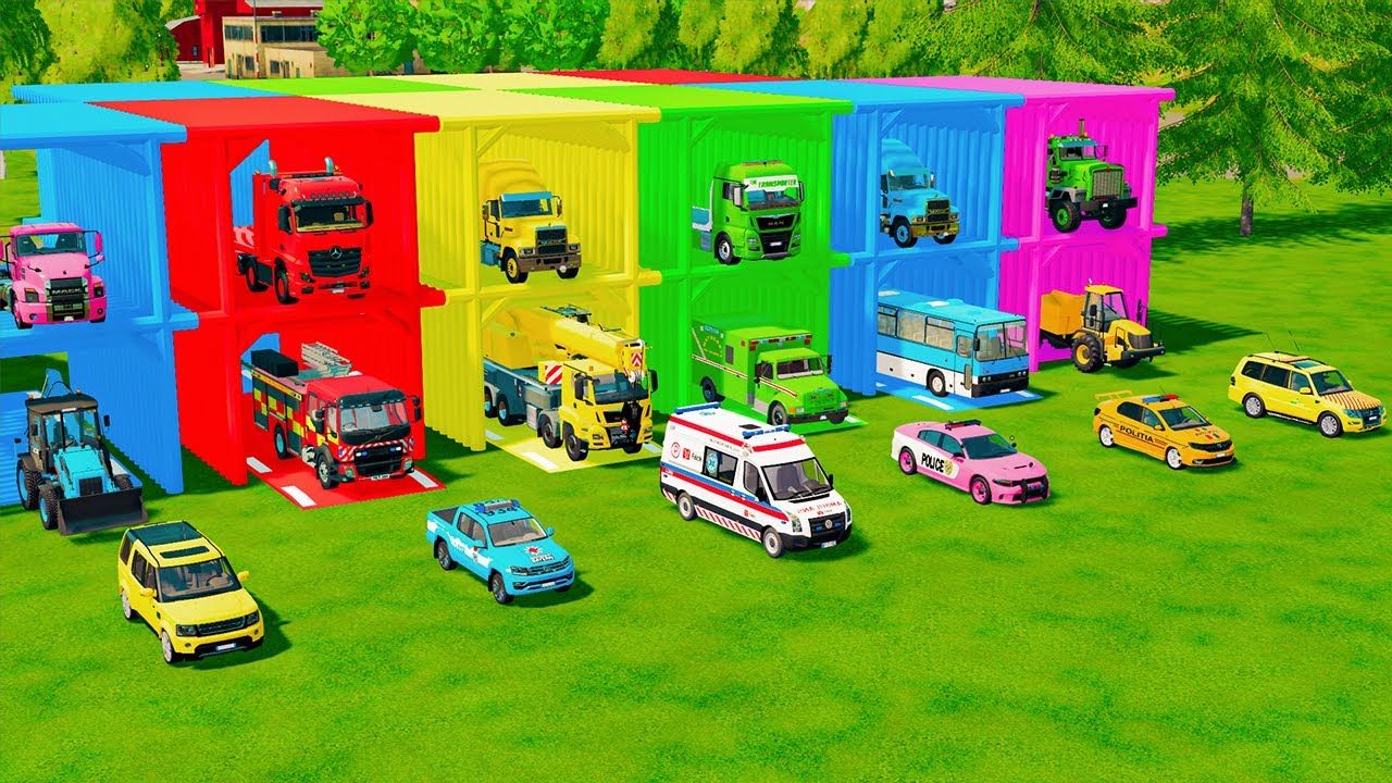 TRANSPORTING ALL EMERGENCY AND POLICE VEHICLES, BACKHOE LOADER, DUMP TRUCK TO GARAGE - FS22